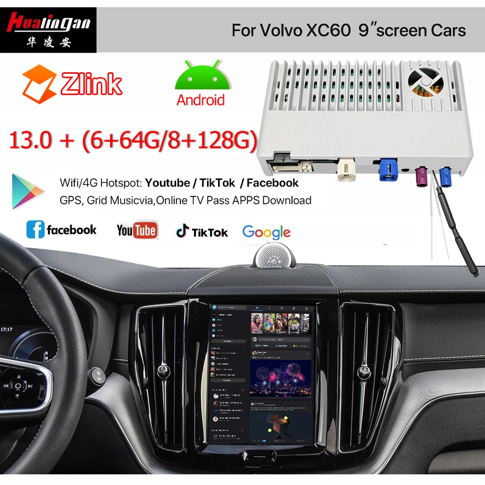 Hualingan pre Volvo XC60 XC90 XC40 Apple CarPlay Upgrader Wireless CarPlay AI Box Android Auto 8 + 128 GB Zrkadlenie celej obrazovky
