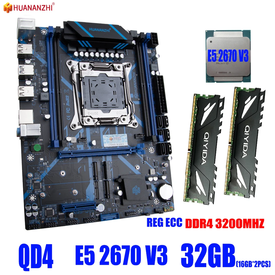 Huananzhi X99 Sada základnej dosky s kombinovanou súpravou Xeon QD4 LGA2011-3 E5 2670 V3 32GB 3200MHz Reg ECC (2*16 GB) DDR4 NVME M.2 USB 3.0