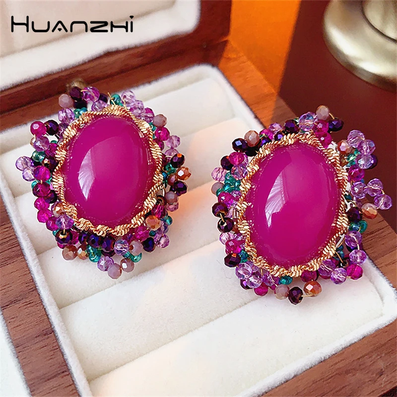 Huanzhi 2023 Nové vinobranie ružové červené oválne kamienky Stud For Women Girls Charm Party šperky