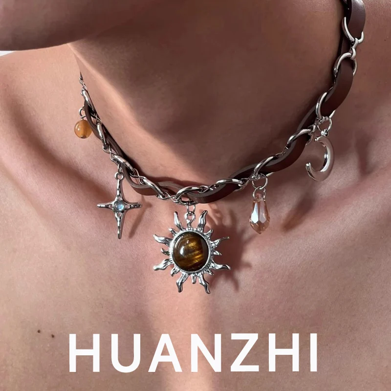 Huanzhi hnedý kožený poludník v štýle Slnko slnečný náhrdelník punk personalizovaný vintage šperky pre ženy minimalistické y2k choker