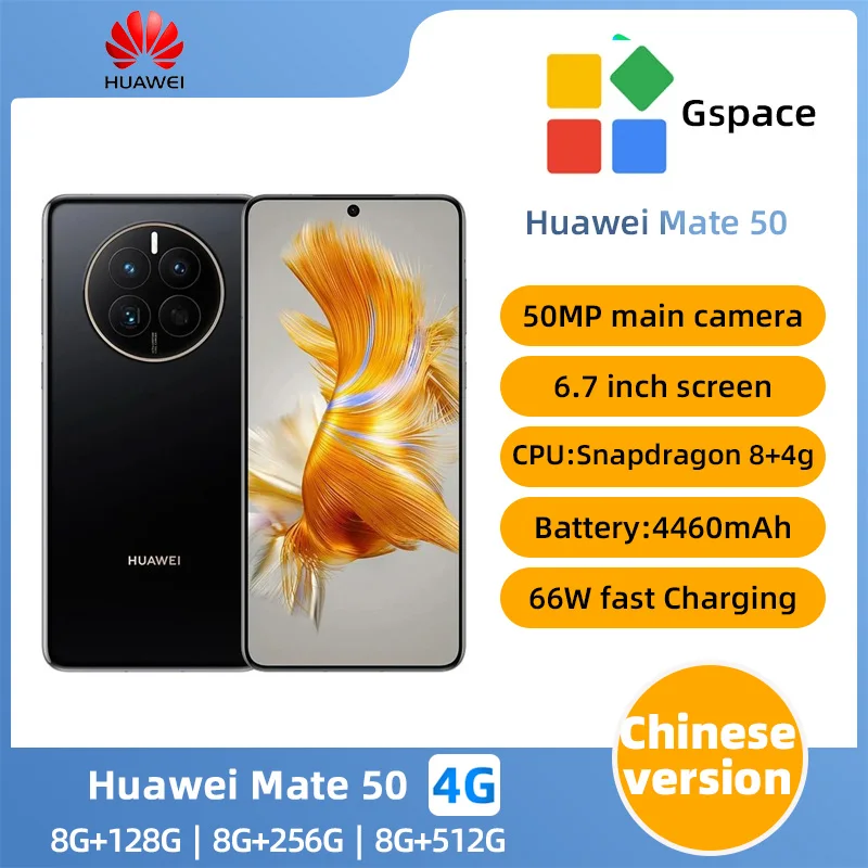Huawei Mate 50 4G Android 6,7 palca Snapdragon 8+ mobilný telefón 8 GB RAM 128 GB ROM Octa Core Harmonyos NFC Smartphone Použitý telefón
