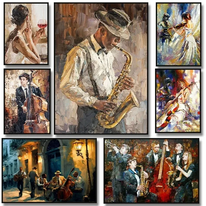 Hudobný jazz saxofón husľový violoncello gitara klavír retro retro umenia plagát plátno na stenu Picture Room Ozdob