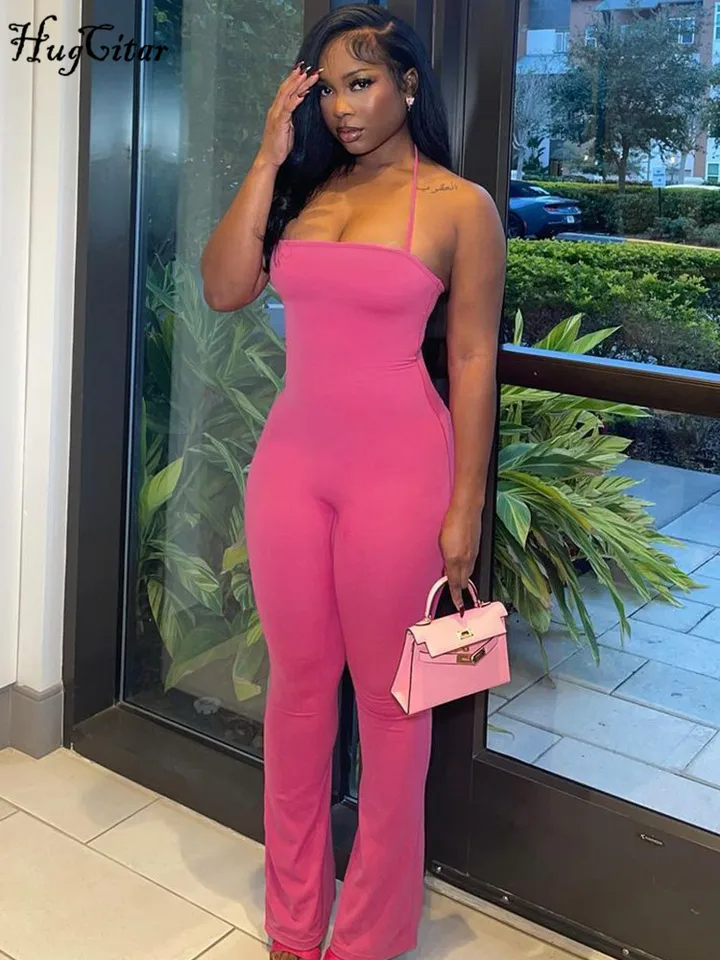 Hugcitar 2024 Spring Halter Solid bez rukávov bez rukávov Sexy Bodycon Flare Pants Shipsuit Women Casual Rompers Streetwear Festival