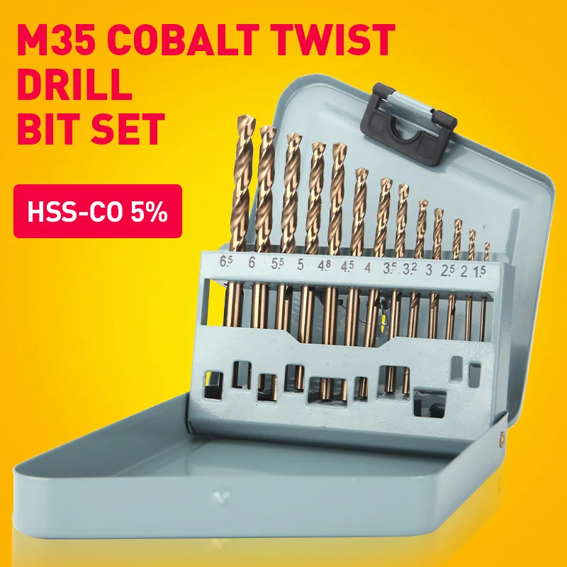 Huhao 13ks M35 HSS-CO 5% Cobalt Twist Bit Bit Set Metric Driem Drill Bit pre kovový z nehrdzavejúcej ocele Elektrický vŕtač