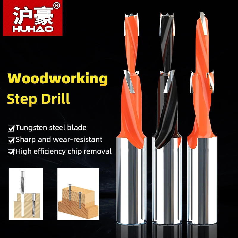 Huhao Woodworking Tools Dvojstupňové kroky countersink vŕtačky bit volfrámu oceľová stopka priemer 10 mm skosenie vŕtania vŕtania