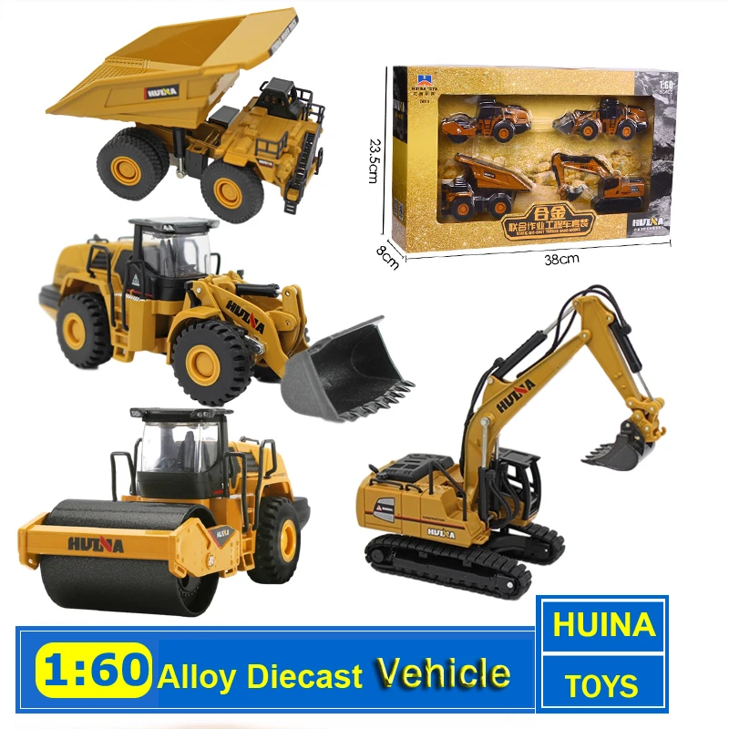 Huina 1:60 Diecast Metal Model skládka skládky rýpadlo nakladač kolesa Road Roller Construct Hračky vozidla pre zber automobilov