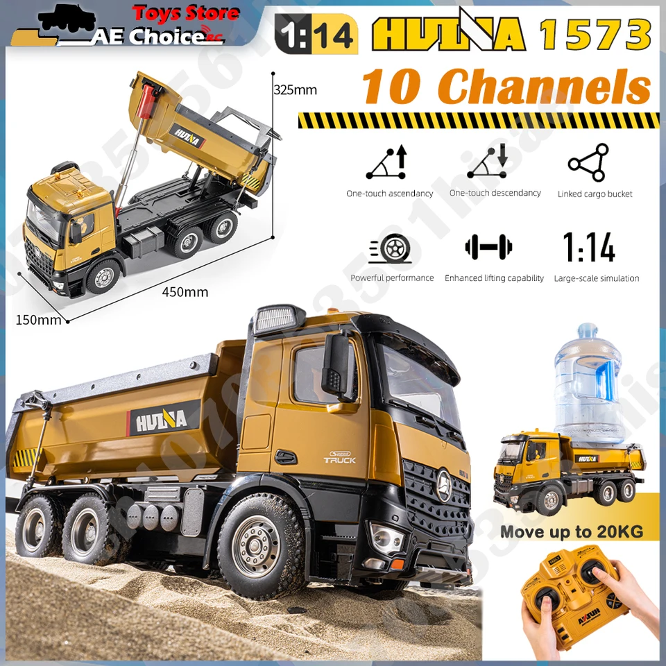 Huina 1573 1/14 RC Dump Truck 10-Channel 2.4g zliatiny diaľkového ovládača Truck Engineering vozidlo RC hračky pre chlapca