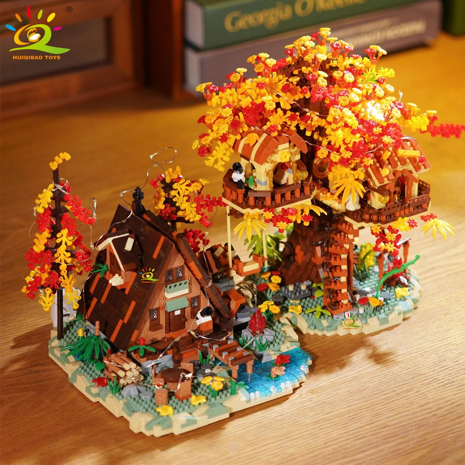 Huiqibao MOC Autumn Treehouse Architecture Style Castle House Micro Building Block Brick For Kid Darček pre deti Konštrukčné hračky