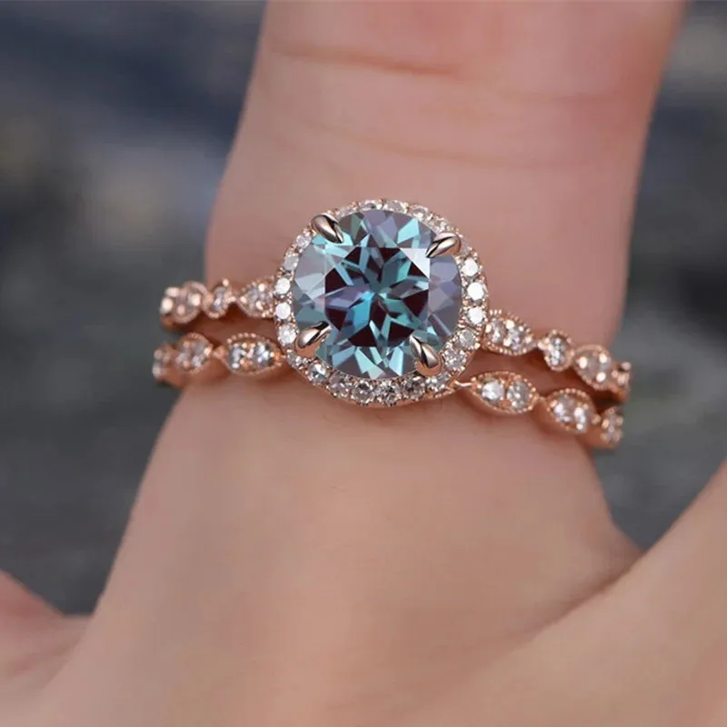 Huitan Luxusný trendy prsteň pre ženy Round Blue Cubic Zirconia Chic Engagement Svadobné dvojité prstene módne šperky