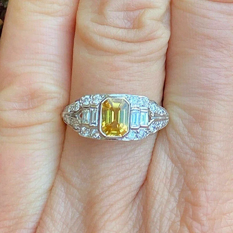 Huitan nádherná geometrická žltá CZ Women Rings Temperament Elegantné dámy Doplnky pre svadobné výročie Party nové šperky