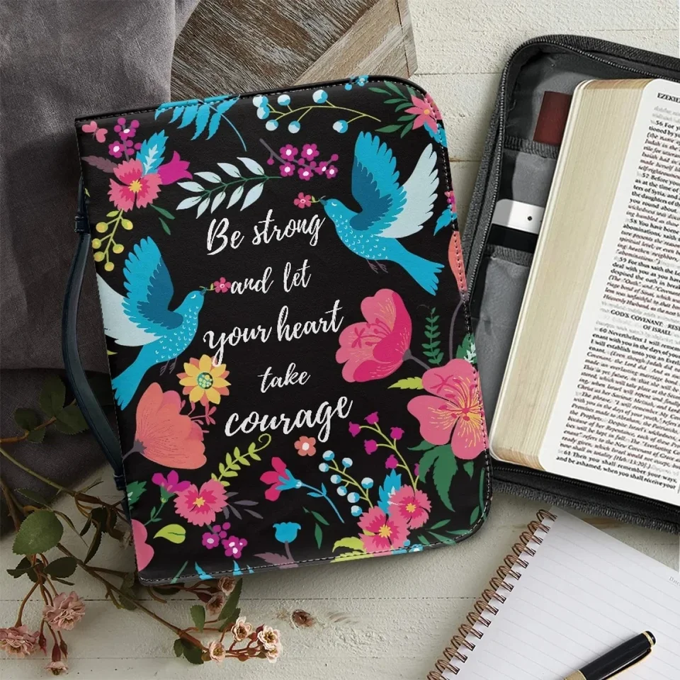 Hummingbird Hibiscus Leaf Print Easy Inštalácia vyrobená kožená biblická taška Ženy Ženy Zippered kabelka Študijná kniha Sväté úložné skrinky