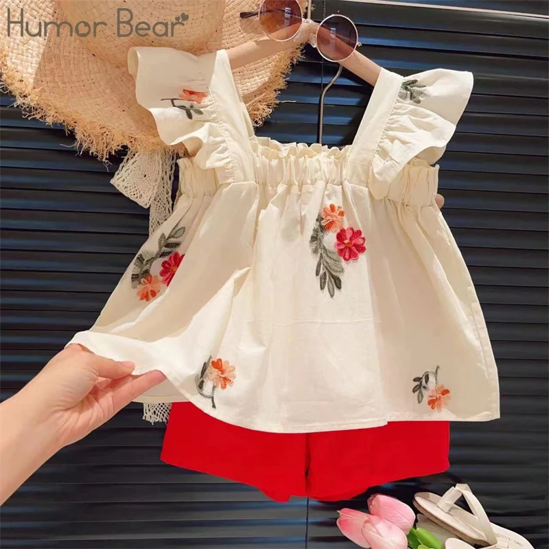 Humor Bear Girls's Nové letné kvetinové vyšívanie čipkanov Elastic Strap Doll Tirlts Trpels Dva kusy set Vestidos neformálny outfit 2-6y