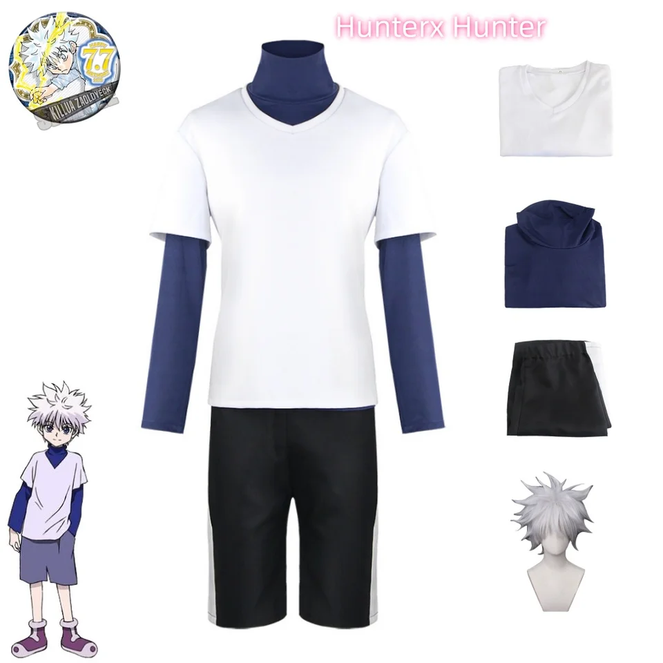 Hunter x Hunter Killua Zoldyck Cosplay kostým číslo 99 odznak Halloween vianočné večierky Cosplay Suit Tirt Krátka biela parochňa