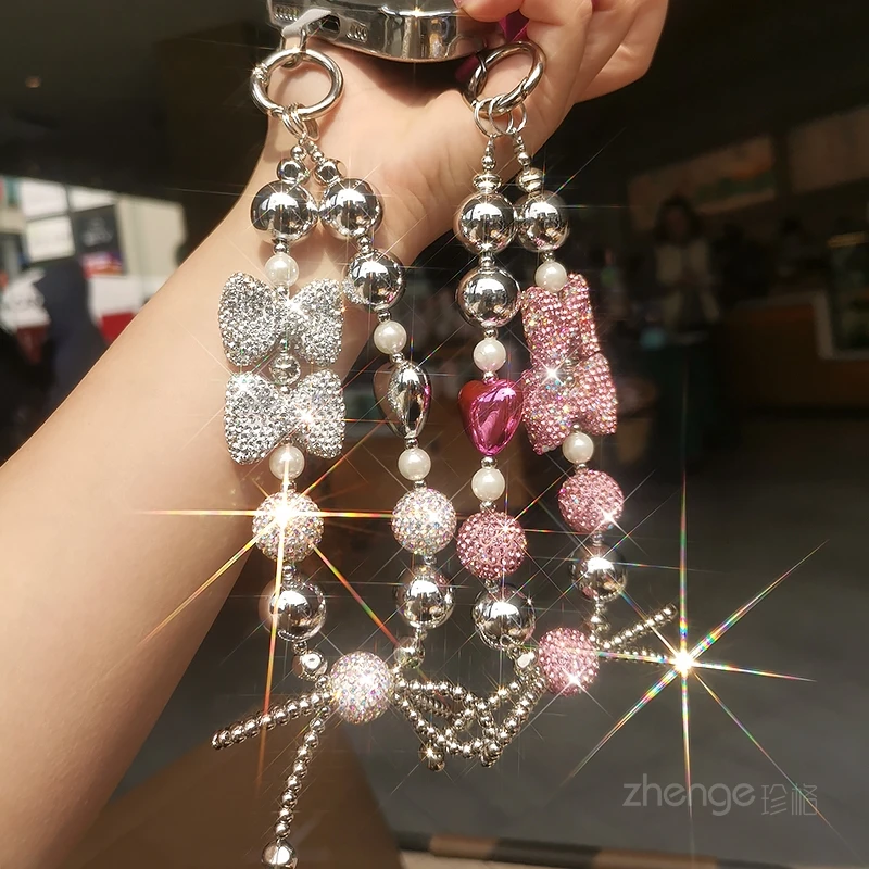 Husté diamantové luky s korálkovým náramkom závesné lano bleskový diamant ručný náramok ornament ornament klip štýl telefónu puzdro na telefónny remienok