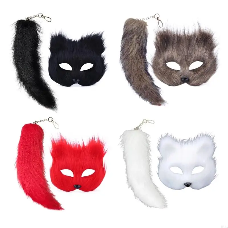 Hxba faux kožušiny líšky chvost mačky vlk maska ​​halloween cosplays kostýmy líšky maska ​​chvost chvost
