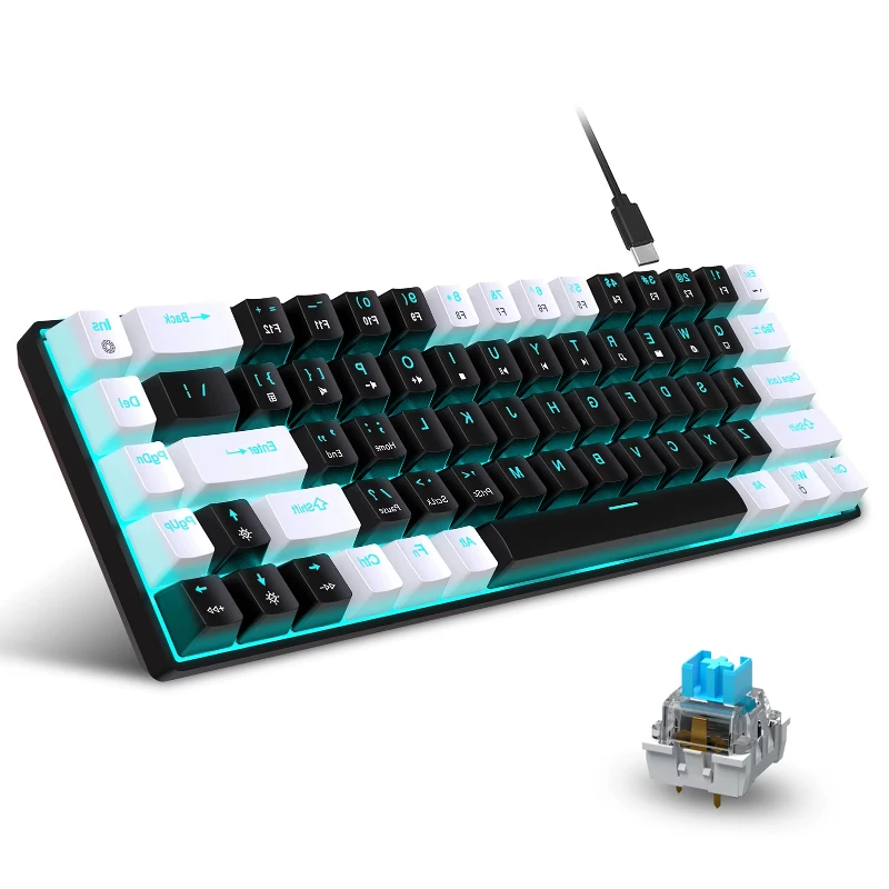 HXSJ V800 RGB USB 60% Mini káblová mechanická klávesnica modrý prepínač 68 klávesov Gaming Keyboard Odnímateľný kábel pre počítačový prenosný počítač prenosný počítač