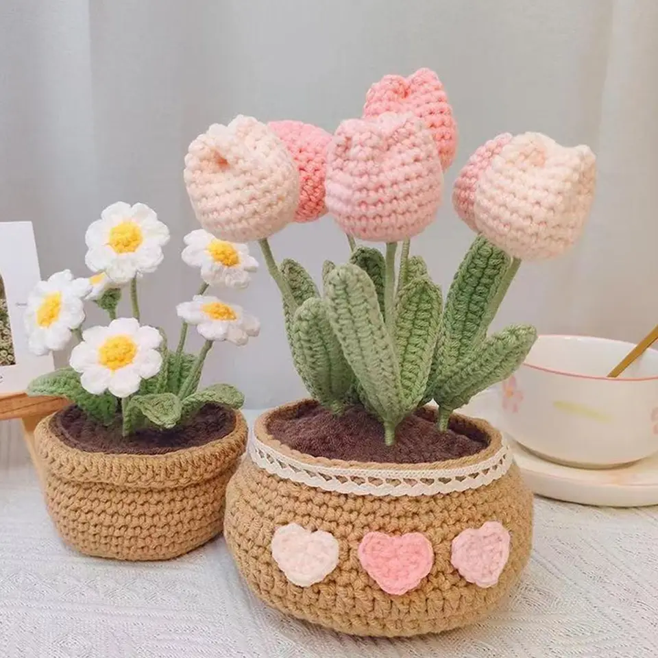 Háčkovanie háčkovanej súpravy Tulip Flowerpot pletené súpravy kvetinové háčkovanie slnečnica viacfarebná priadza háčkovanie štartérovej súpravy pre dospelých