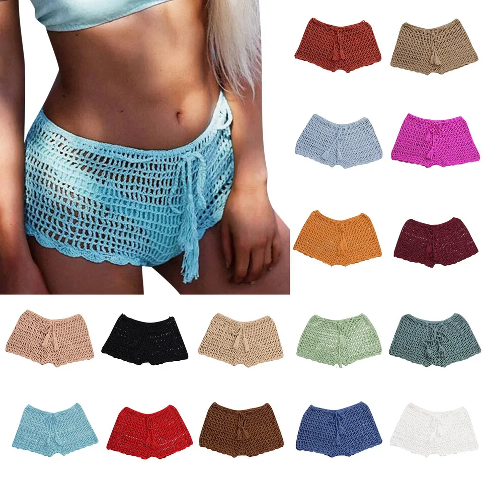 Háčkované pletené kraťasy Ženy letné prázdninové pláž šortky 2025 Nové sexy duté výťahové bikiny Bikini Bottom Beachwear