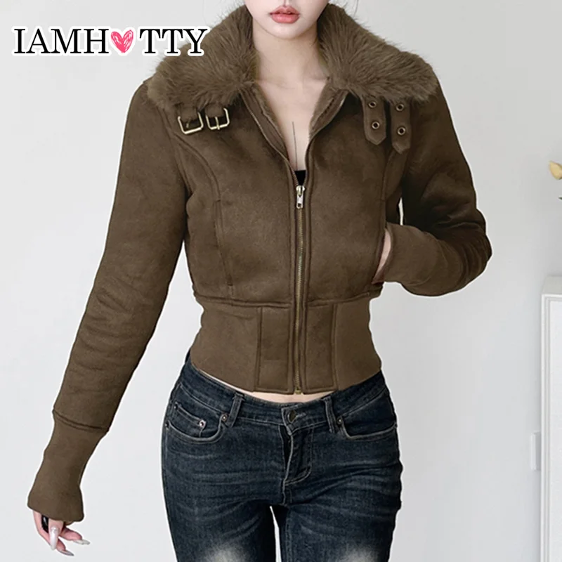 IAMHOTTY Faux Fur Patchwork Suined Jacket Dámska jesenná zimná zima slim-fit zip-up teplé vrstvy vintage orezané vonkajšie oblečenie luxusné