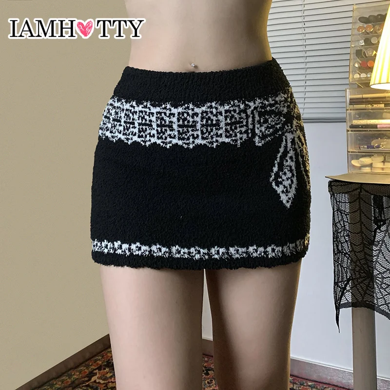 IAMHOTTY LACE Bow Grafický sveter Dark Academia High pás sukne sukne y2k