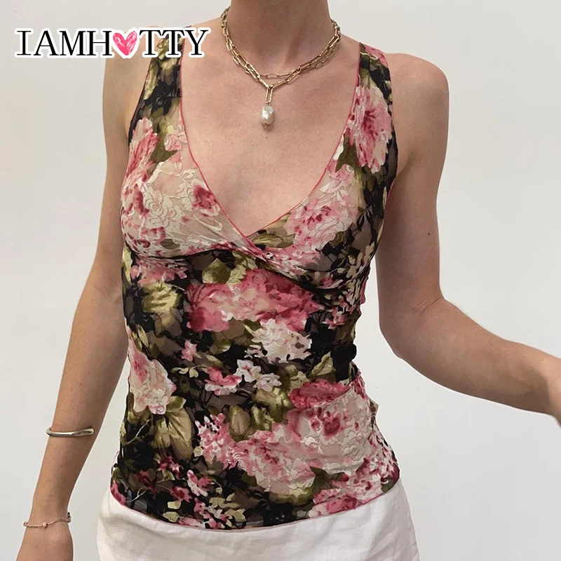 IAMHOTTY VINTAGE FLORAL TLAČKA VYKÁRANIE VYKÁRANIA TAKU TAKU DÁNKA ŽENY Fairycore GRUNGE Slim Fiting Camisole Sexy francúzsky štýl vesta Holida
