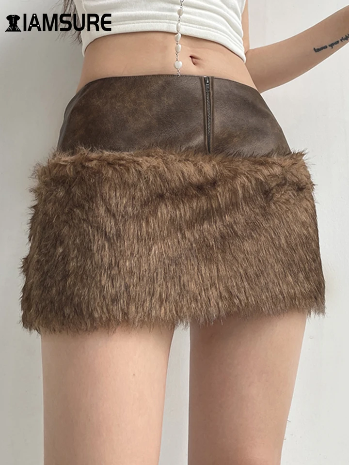 Iamsure vintage patchwork pu kožená chlpatá sukňa žien 2024 Zimná móda štíhle stredne pásové mini sukne Ženy Streetwear Lady