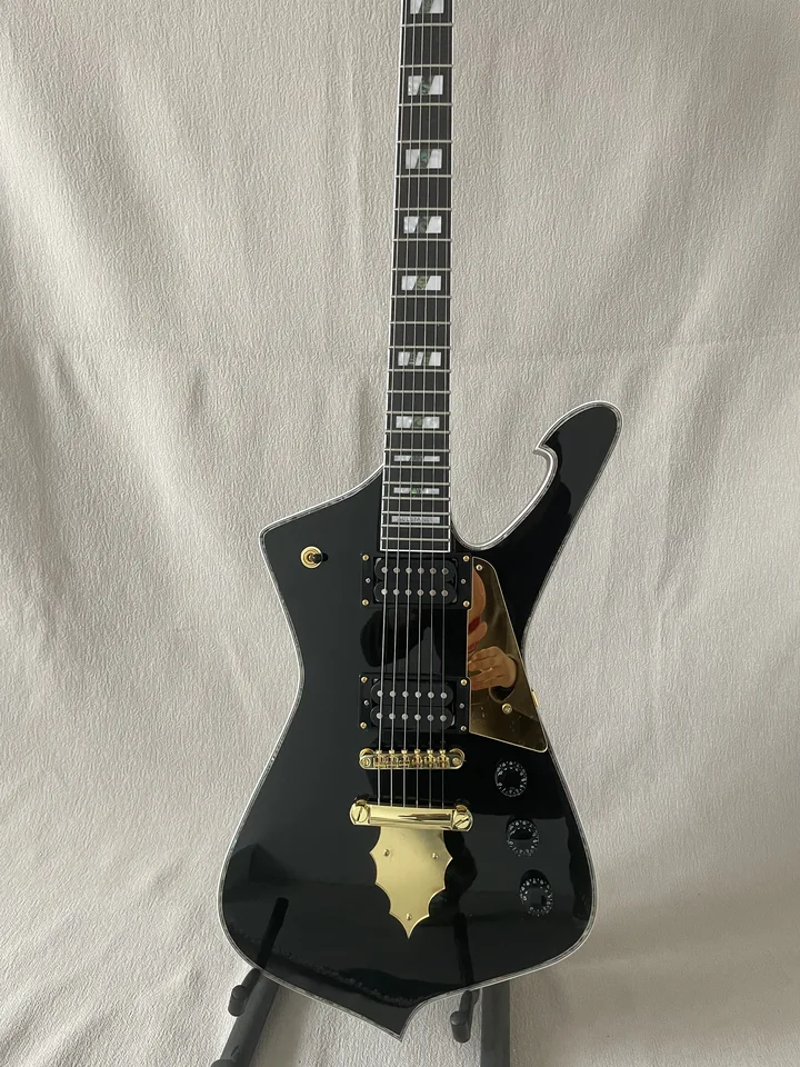 Iceman Paul Stanley používa štýl čiernej elektrickej gitary pickguard Abalon Body viažu chrómový hardware