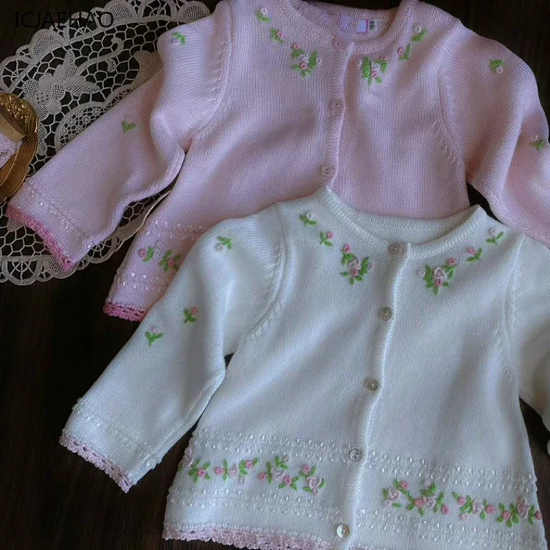 ICJAEHAO 2025 Dievčatá Knitwear Autumn Clothes Nové pletené svetové deti Sladké klasické ručne vyrobené vyšívané sveter