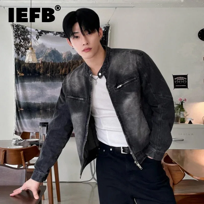 IEFB High Street Pánske džínsové kabáty masívne farebné stánok Zipper Patchwork Menswear Nové moderné mužské krátke bundy Tide 9C7906
