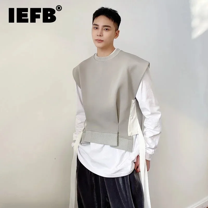 IEFB Kórejský príliv Pánska vesta Prispôsobená stuha okrúhly krk bez rukávov Trend jeseň módny pullover výklenok vesty 9A0671