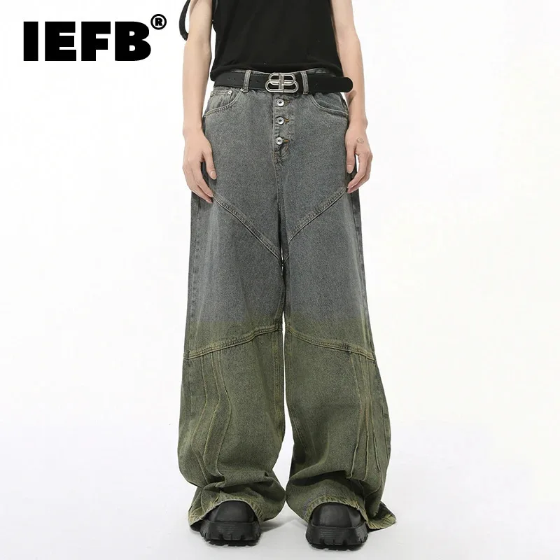 IEFB personalizované muži džínsy Príležitostné patchworky Priame kontrastné nohavice voľné mužské široké džínsové nohavice Streetwear 9C7517