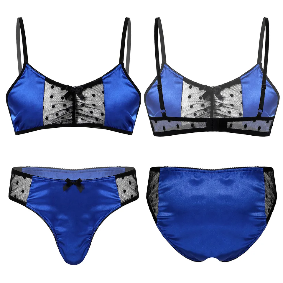 IEFIEL 2KS Gay Mens Sissy Sets Soft Satin Elastic Elastic Lingerie Nightwear Set Bikini podprsenky Top s nohavičkami spodná bielizeň