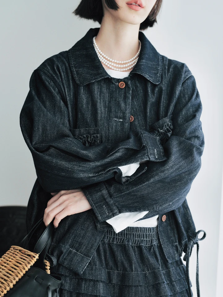 Imakokoni Original Design Denim Bunda s klopami, jednorazová pracka, košeľa s dlhým rukávom pre ženy 244768