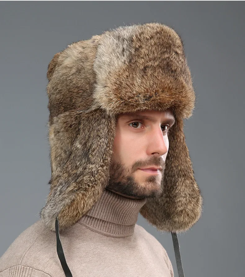 Immitácia zimných mužov Faux strieborná líška kožušina bombardérsky klobúk kožušina kožušina Ushanka Cap Trapper ruský muž lyžiarska snehová kapota