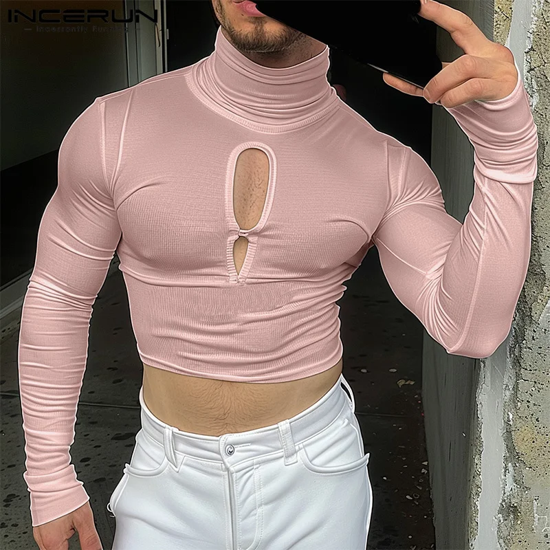 Incerun 2024 Men Stylové vrcholy Dekonštrukcia Dizajn vysoký krk duté tričká Sexy Solid Solid Solid Comfort Camiseta S-5XL