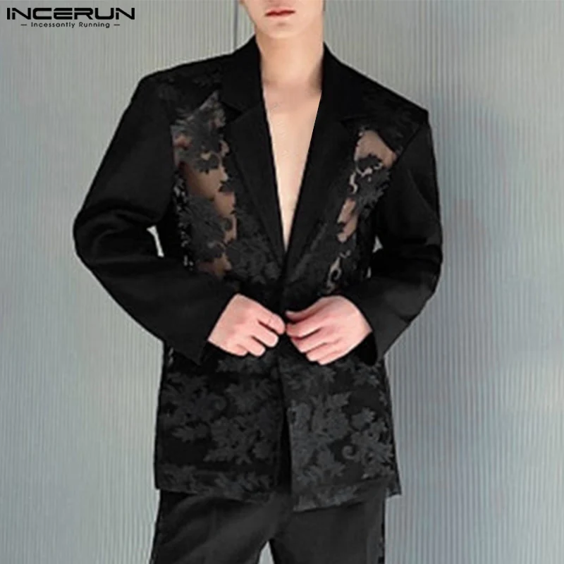 Incerun Men Blazer Mesh Patchwork Lace Transparentné klope s dlhým rukávom Príležitostné obleky Men Streetwear 2024 One Button Fashion Coats