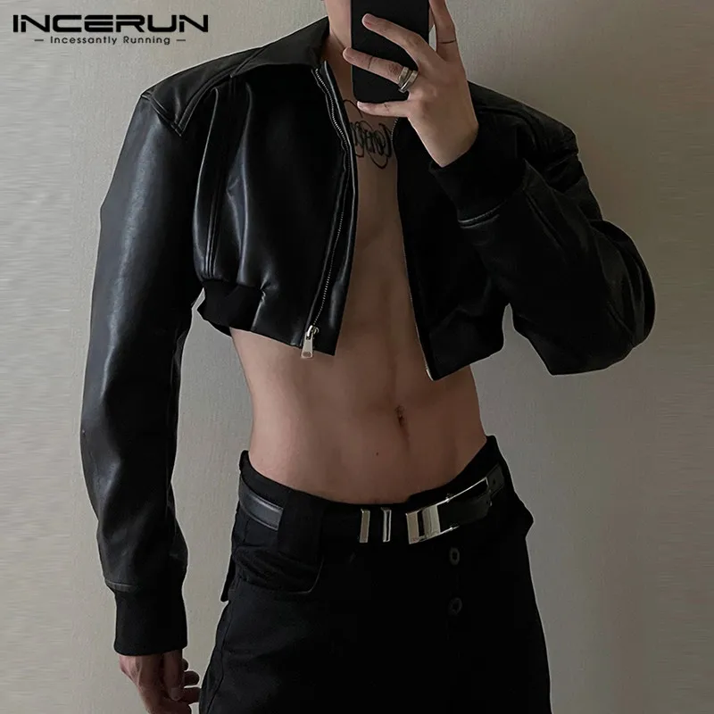 Incerun Men Jackets pu kožené masívne farebné klopa s dlhým rukávom Crop Cop Cats Men Streetwear zips 2024