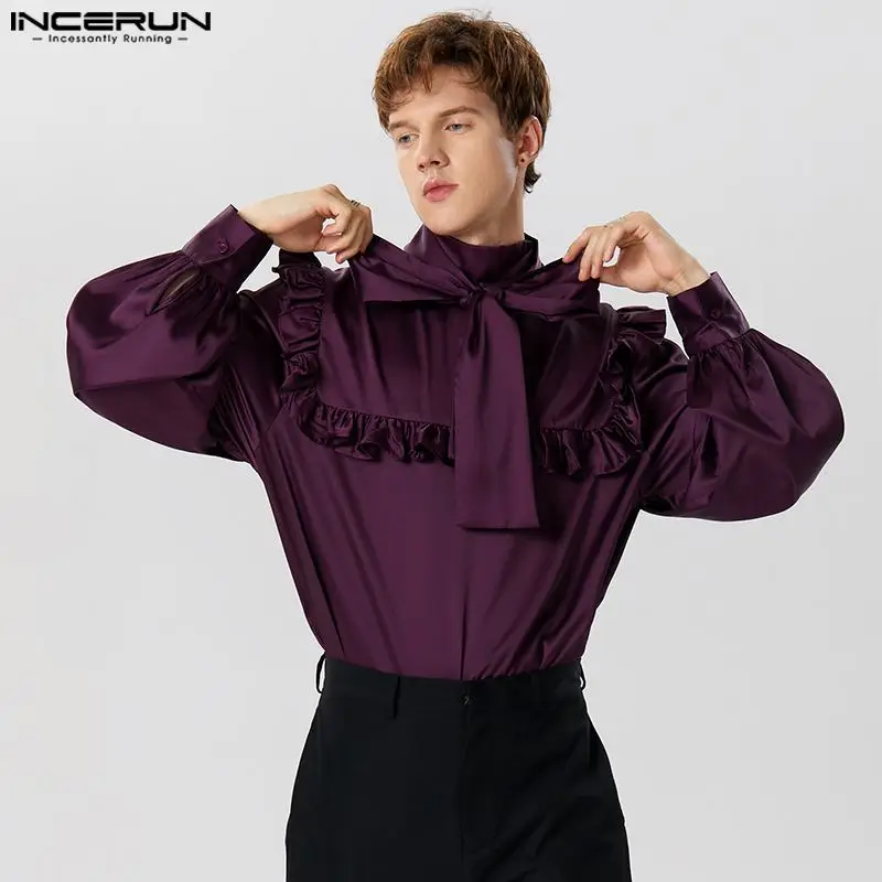 Incerun Men košeľa Solid saténový rolák s dlhým rukávom Lace Up Casual Men Clothing Streetwear 2023 módne unisex košele