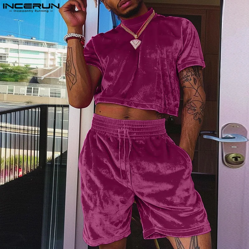 Incerun Men Nastaví masívne farby velor o-neck krátke rukávy Tops a šortky Dva kusy Sety Streetwear 2024 Módne pánske obleky