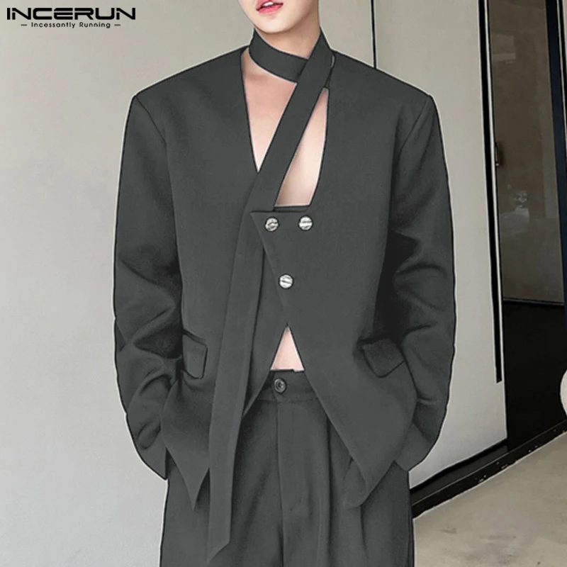 Incerun muži Fashion Blazer popruh halter krk s dlhým rukávom v krk dutiny sexy párty oblečenie štýlový mužský oblečenie kabát