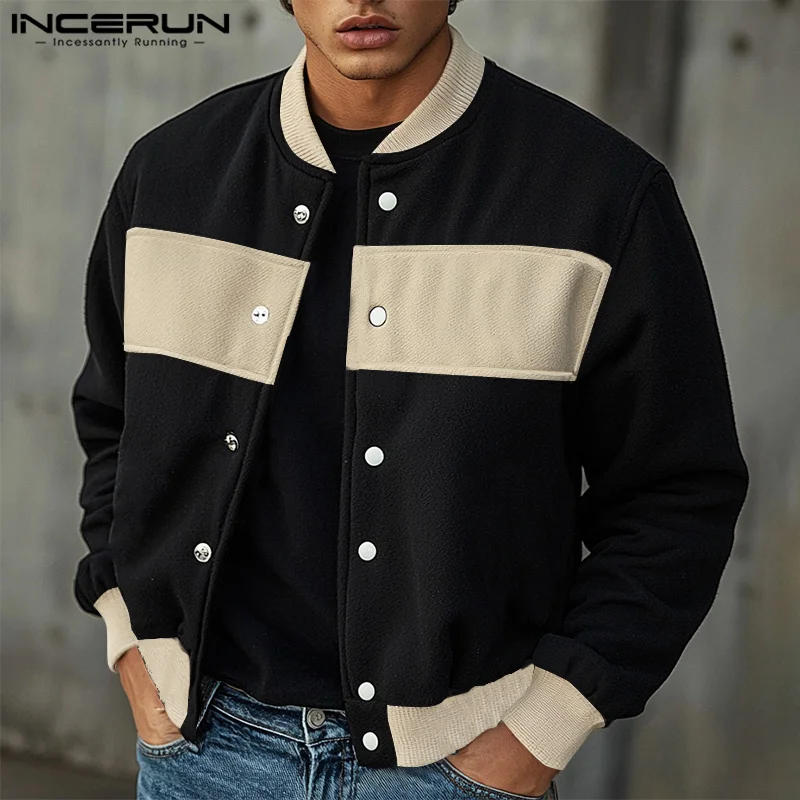 Incerun tops 2024 nových pánskych jesenných osôb so zmiešajúcim dizajnom Coat Cast Coat City Walk Hot Sale Dvojfarebná bunda s dlhým rukávom