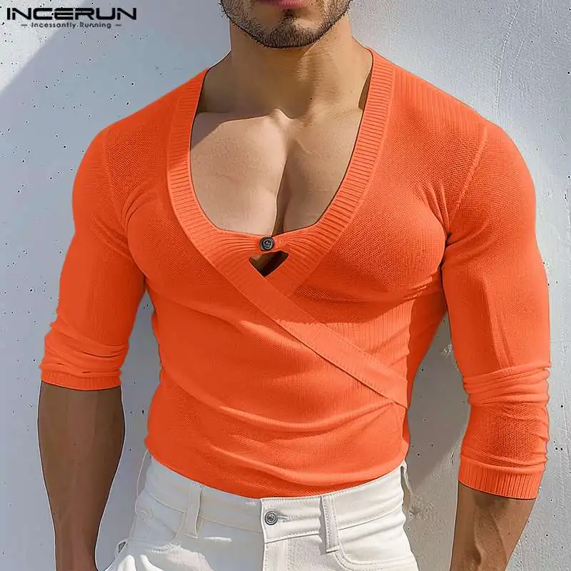 Incerun topy 2024 American Style Fashion Men pletené tričká V-krsta