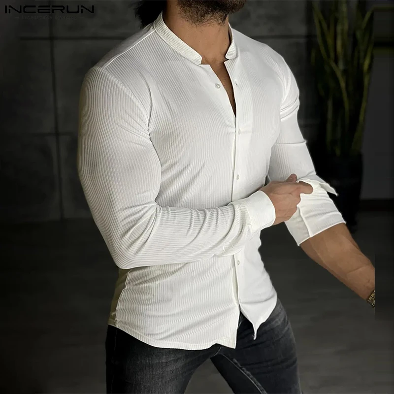 Incerun topy 2024 americký štýl nových pánskych prúžkov na krk pletená košeľa Cast Streetwear Solid Slid s dlhým rukávom S-5XL