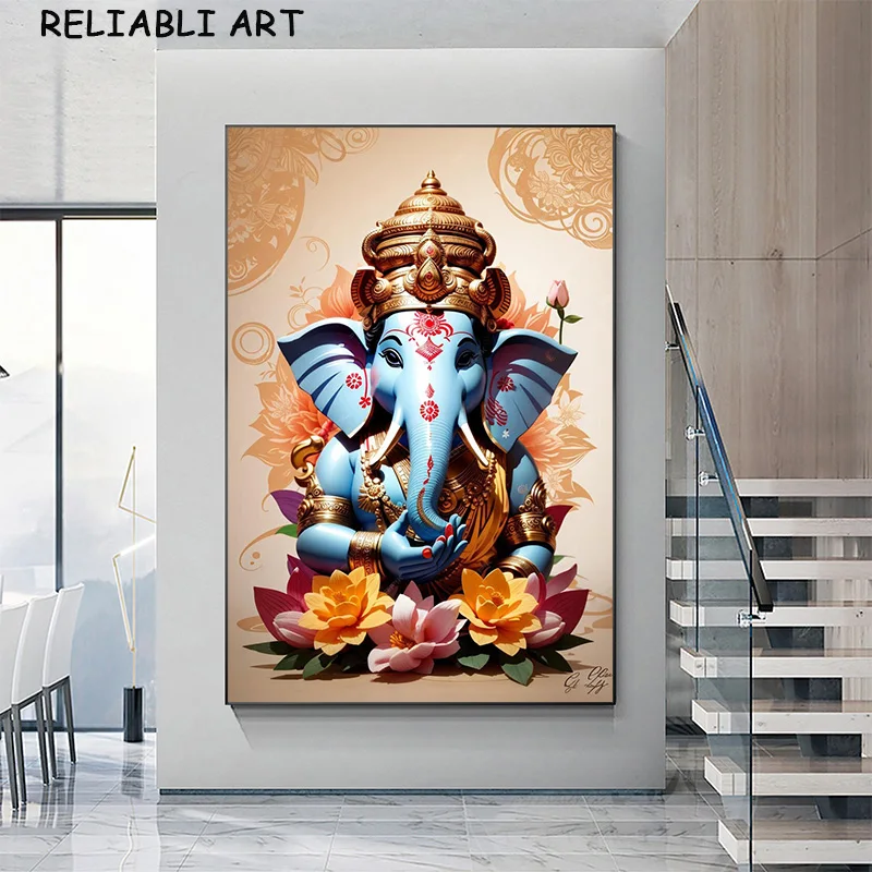India God Ganesha Flower Portrait Plagát a výtlačky nástenných umeleckých obrázkov Canvas maľba pre obývaciu izbu Domovod