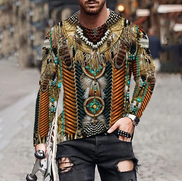 Indians Culture Men's Long Sleeve T-shirts 3D Print Fashion Harajuku Men T Shirt Top Street Loose Tee Casual Sports Men Clothing