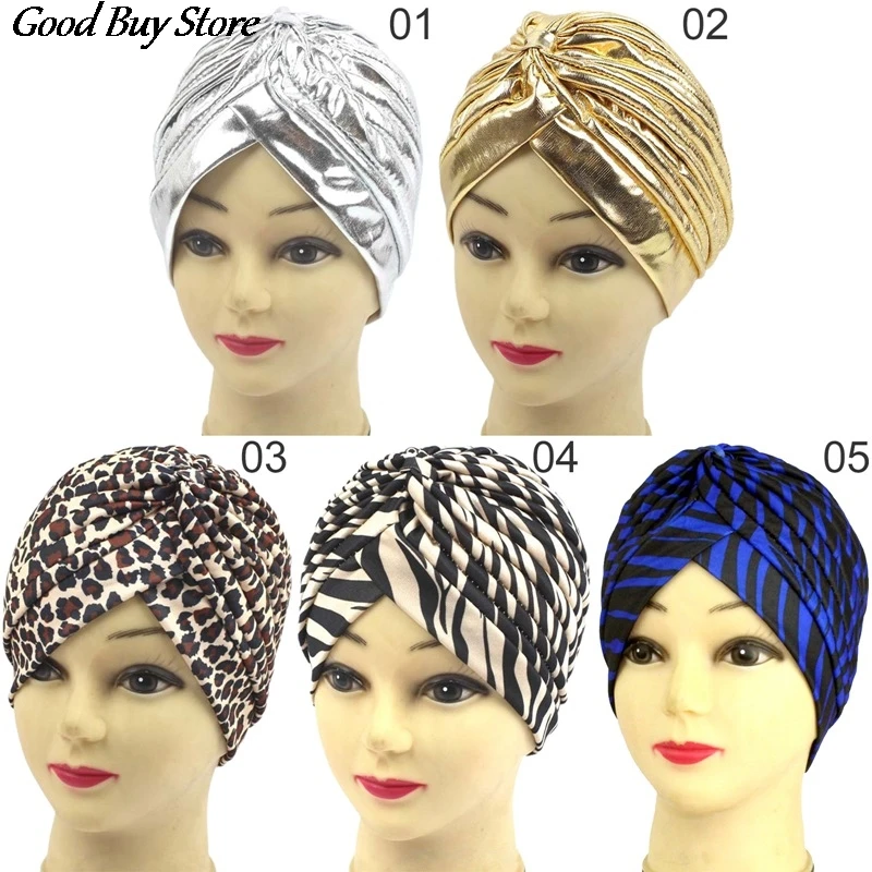 Indické pokrývky hlavy Turban Caps Africký moslim hidžáb hlava módna módna šatka zlato strieborná leopardová čelenka klobúk klobúk Nový