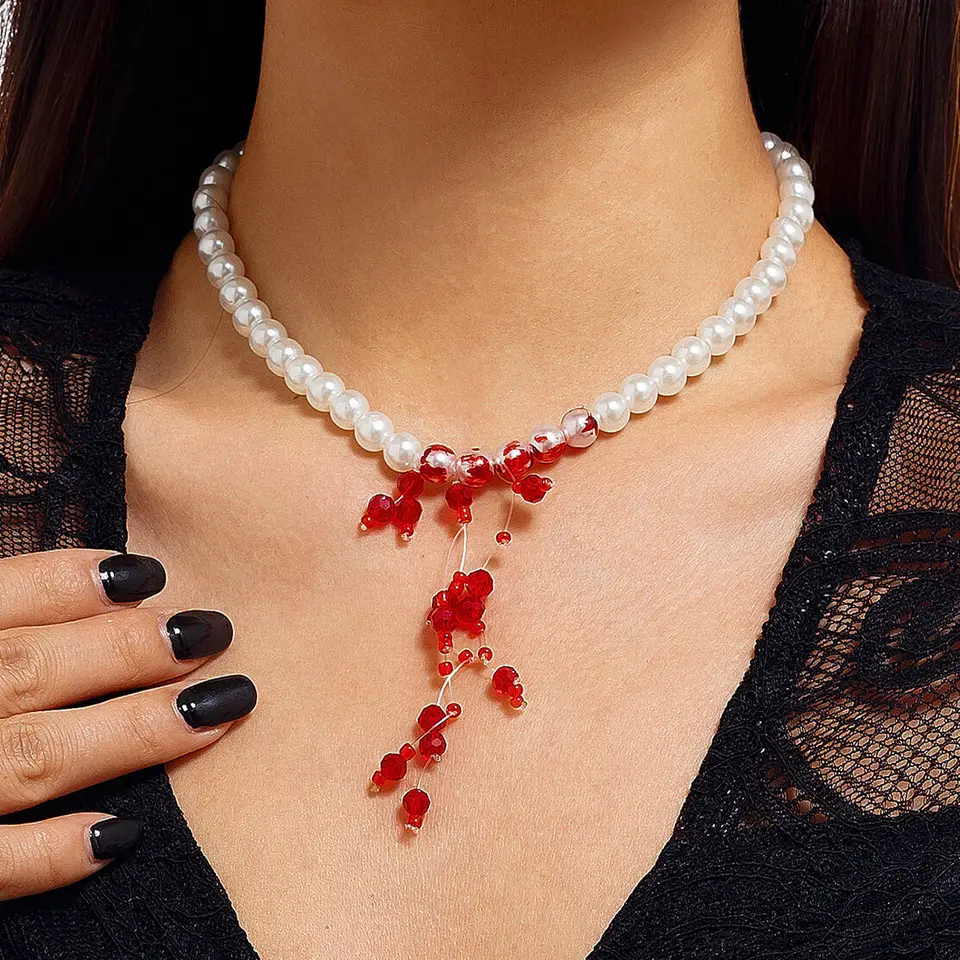 Ingemark kreatívna červená krv krištáľové korálky prívesok prívesok Choker Náhrdelník pre ženy gotická imitácia perla