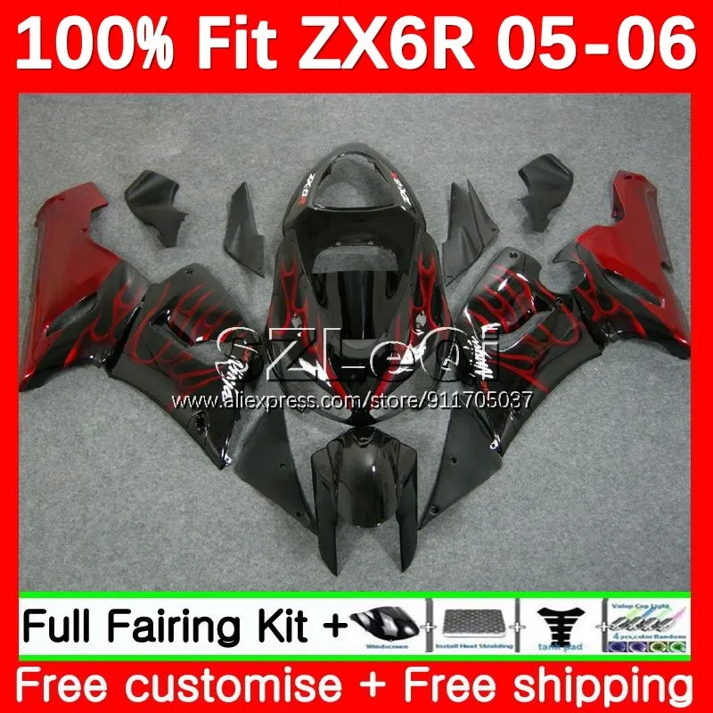 Injekčná kapota pre Kawasaki Ninja ZX 6R 636 6 R ZX636 ZX6R 05 06 3NO.20 ZX-636 Červené plamene 600cc ZX-6R 2005 2006 Body+nálepka