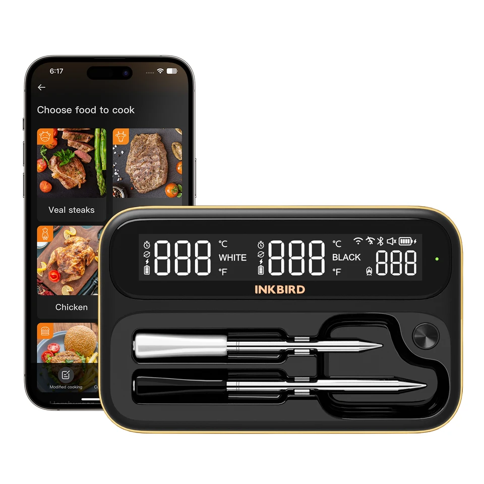Inkbird Dual Mode Wireless Meat Tephrometer, dlhá krátka sonda Combo, Backlit HD LCD, IP67 Vodotesný a alarm pre grilovanie na varenie BBQ