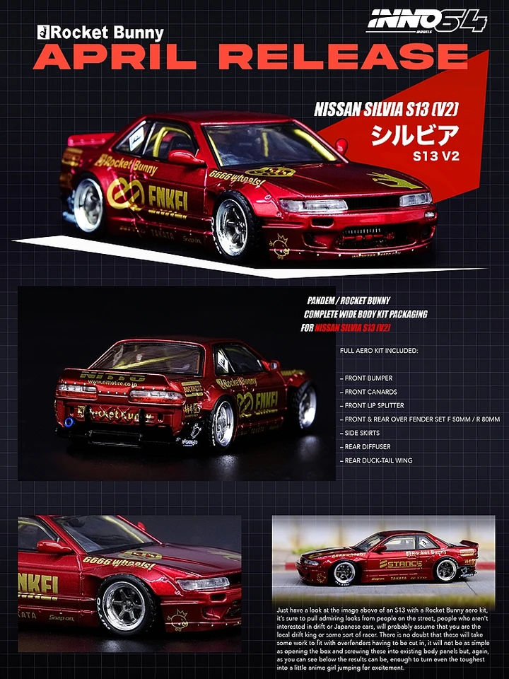 Inno1/64 Nissan Siliver S13 V2 Rocket Bunny Wide Body Car Model Dokončená dekorácia